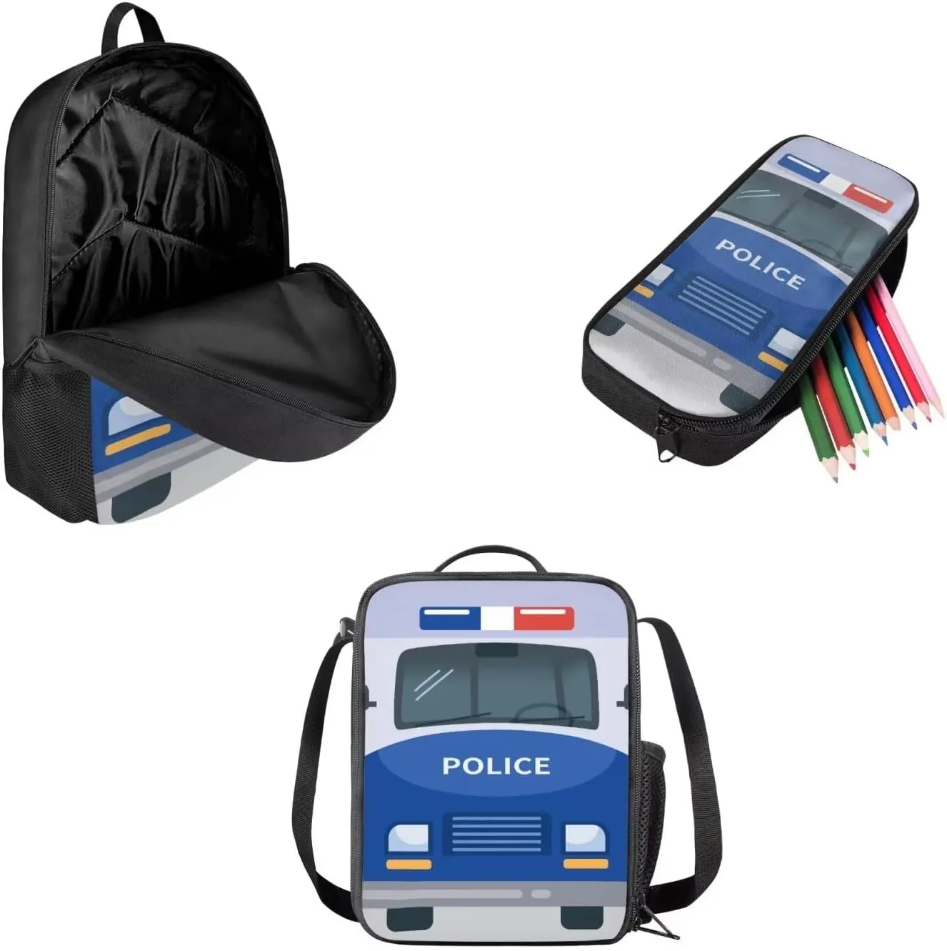 Blue Police Bus Backpack Set with Lunch Bag and Pencil Bag Cartoon Police Car Backpack for Kids Lightweight Bookbag for Boys and Girls Primary Middle School Students Schoolbag Set