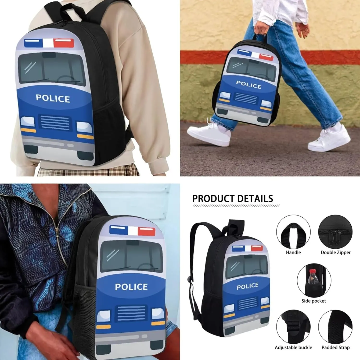 Blue Police Bus Backpack Set with Lunch Bag and Pencil Bag Cartoon Police Car Backpack for Kids Lightweight Bookbag for Boys and Girls Primary Middle School Students Schoolbag Set