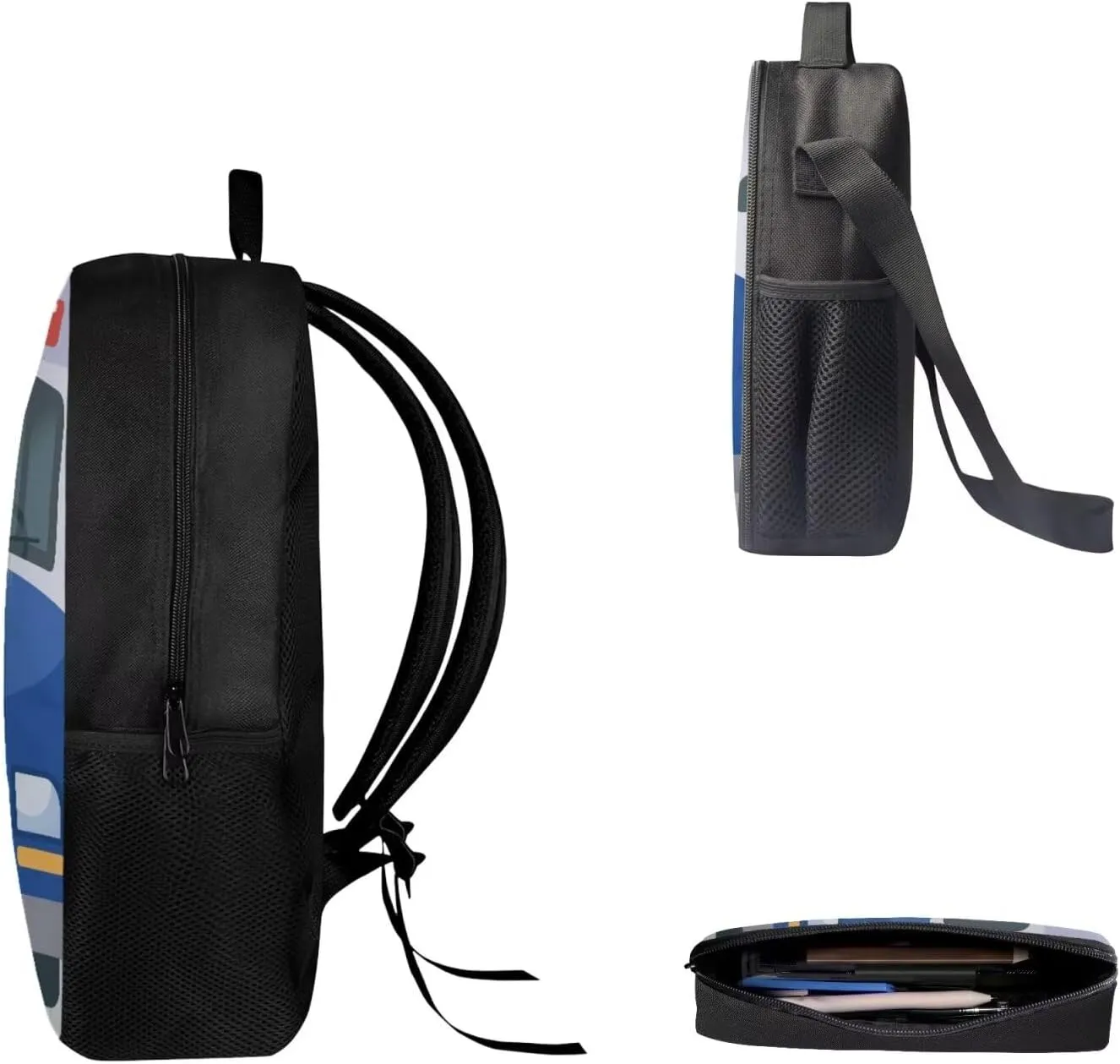 Blue Police Bus Backpack Set with Lunch Bag and Pencil Bag Cartoon Police Car Backpack for Kids Lightweight Bookbag for Boys and Girls Primary Middle School Students Schoolbag Set