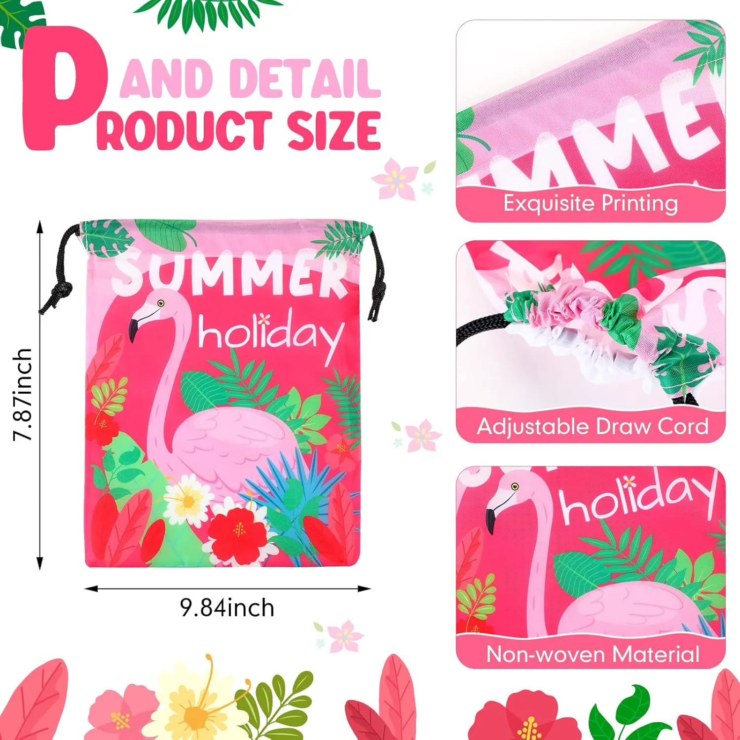 Boao 12 Pcs Summer Pool Bags Drawstring Beach Bag Goody Favor Gift Bags Beach Shark Tropical Theme Party Supplies for Luau Hawaiian Pool Wedding Birthday Party Candy Goodie (Hawaii Style)