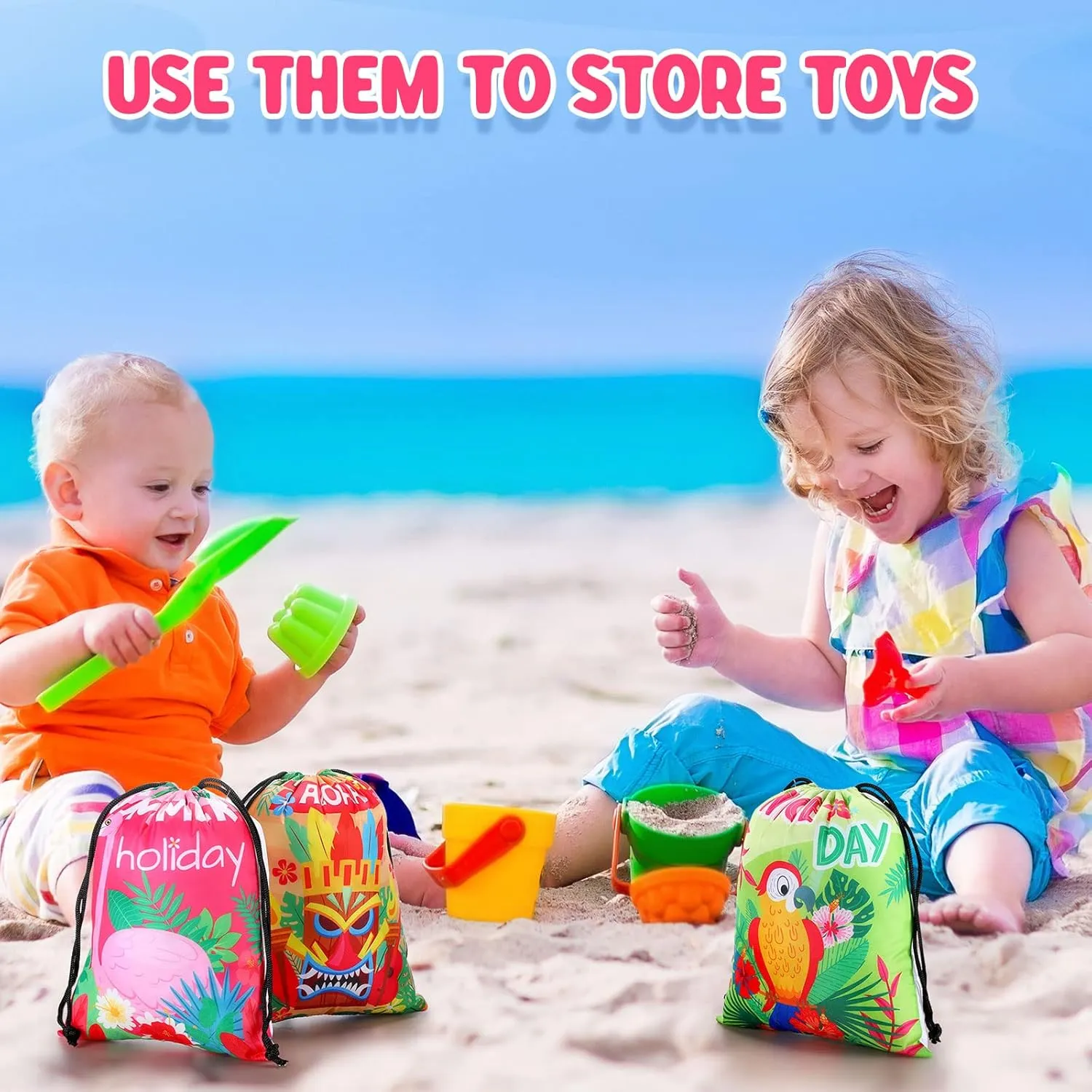 Boao 12 Pcs Summer Pool Bags Drawstring Beach Bag Goody Favor Gift Bags Beach Shark Tropical Theme Party Supplies for Luau Hawaiian Pool Wedding Birthday Party Candy Goodie (Hawaii Style)