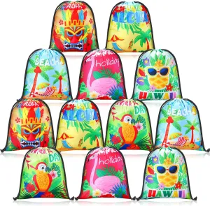 Boao 12 Pcs Summer Pool Bags Drawstring Beach Bag Goody Favor Gift Bags Beach Shark Tropical Theme Party Supplies for Luau Hawaiian Pool Wedding Birthday Party Candy Goodie (Hawaii Style)