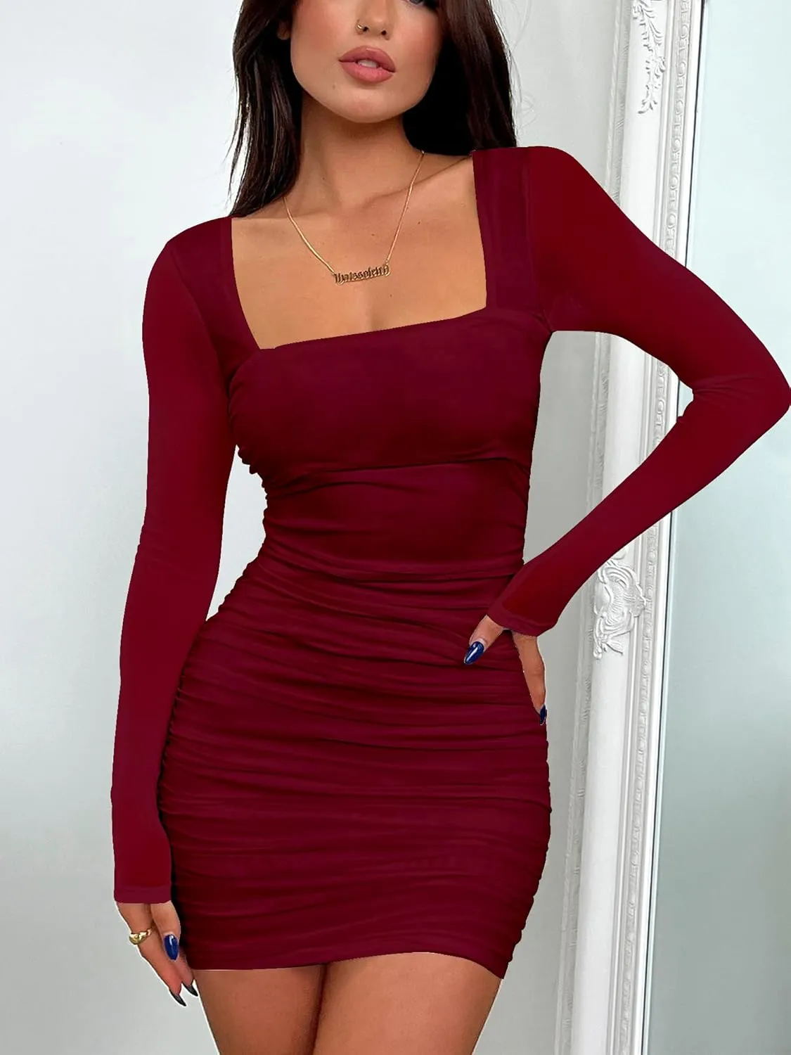 BORIFLORS Women's Sexy Ruched Bodycon Mini Dress Mesh Long Sleeve Club Party Short Dresses