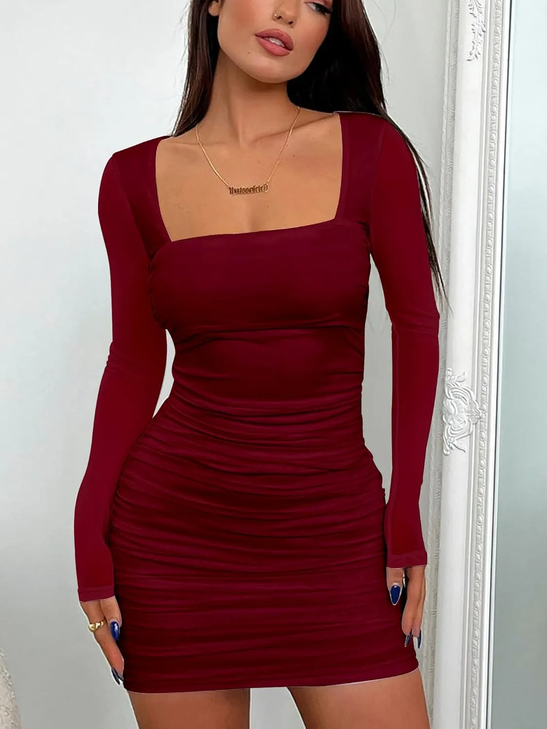 BORIFLORS Women's Sexy Ruched Bodycon Mini Dress Mesh Long Sleeve Club Party Short Dresses