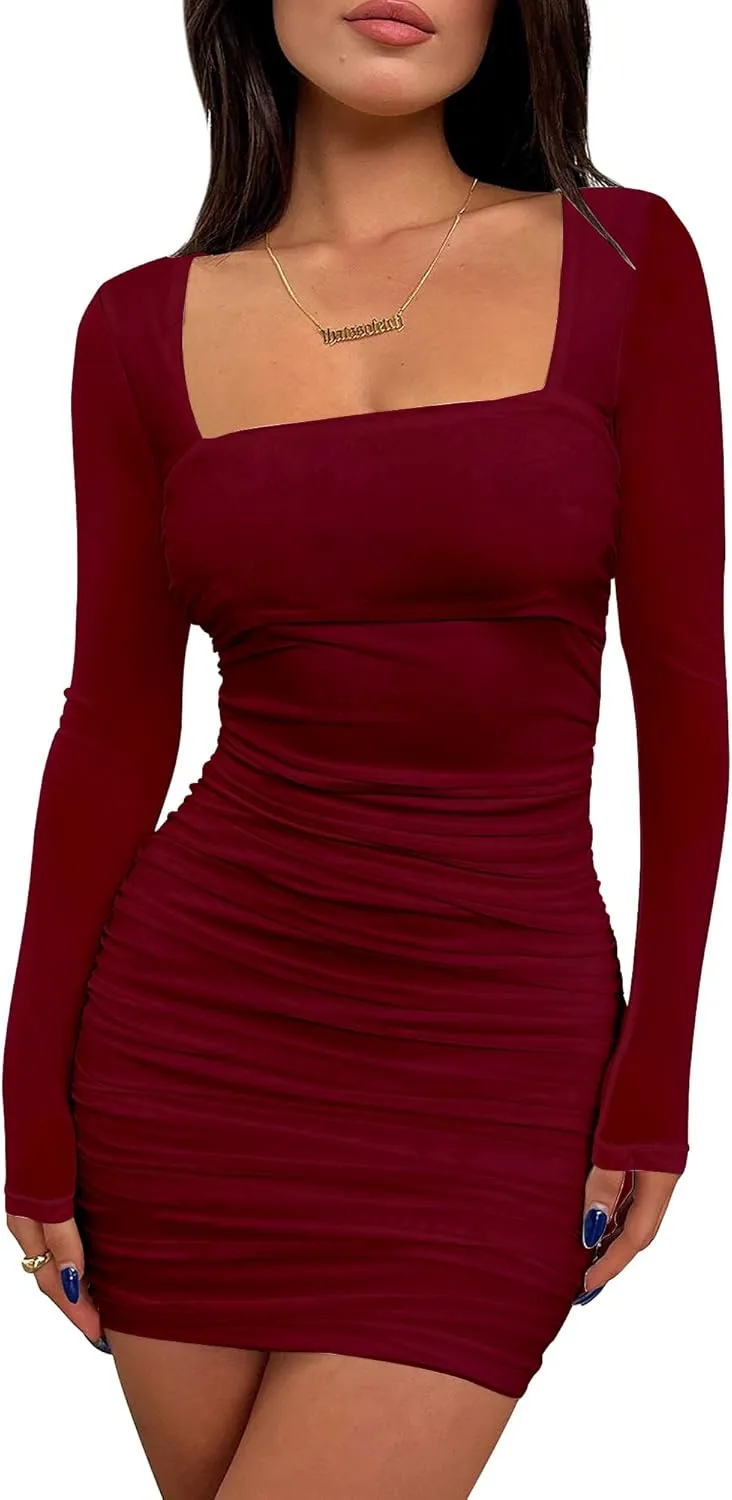 BORIFLORS Women's Sexy Ruched Bodycon Mini Dress Mesh Long Sleeve Club Party Short Dresses