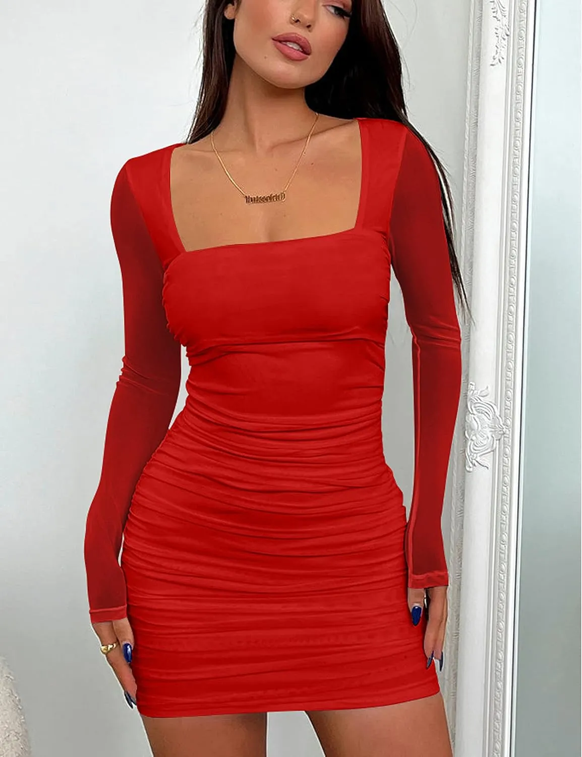 BORIFLORS Women's Sexy Ruched Bodycon Mini Dress Mesh Long Sleeve Club Party Short Dresses