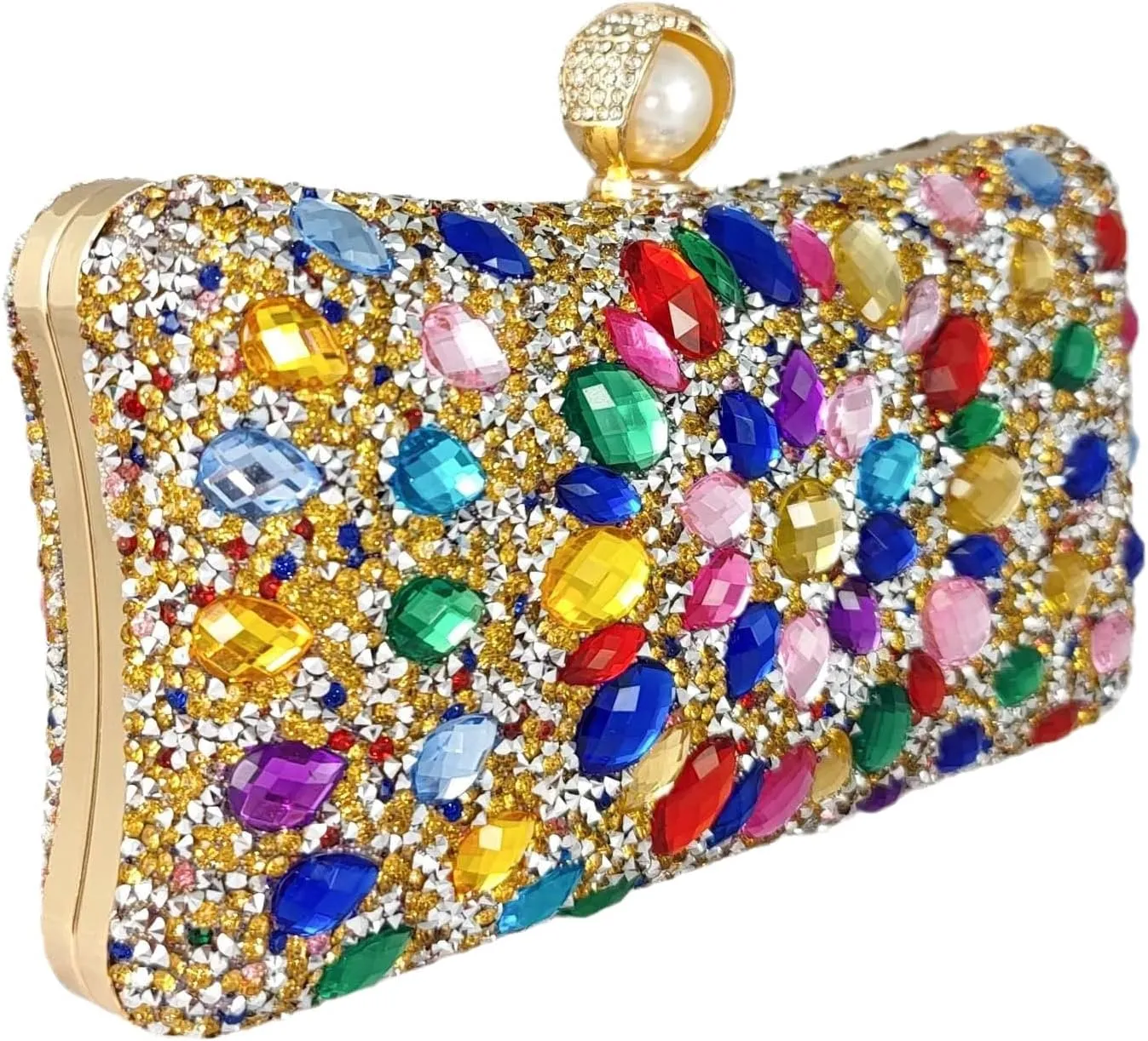 Boutique De FGG Pearl Clasp Crystal Clutch Purses for Women Evening Bags Wedding Handbag Party Rhinestone Clutch Bag,Mini
