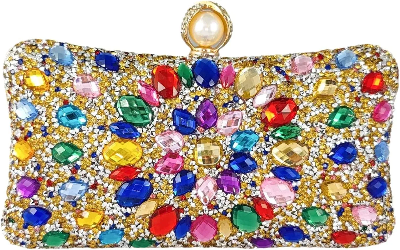 Boutique De FGG Pearl Clasp Crystal Clutch Purses for Women Evening Bags Wedding Handbag Party Rhinestone Clutch Bag,Mini