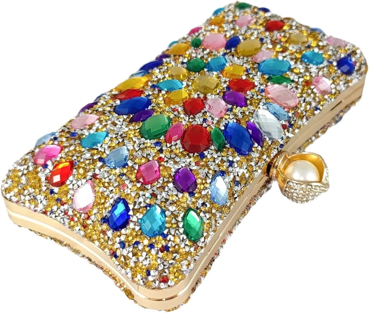 Boutique De FGG Pearl Clasp Crystal Clutch Purses for Women Evening Bags Wedding Handbag Party Rhinestone Clutch Bag,Mini