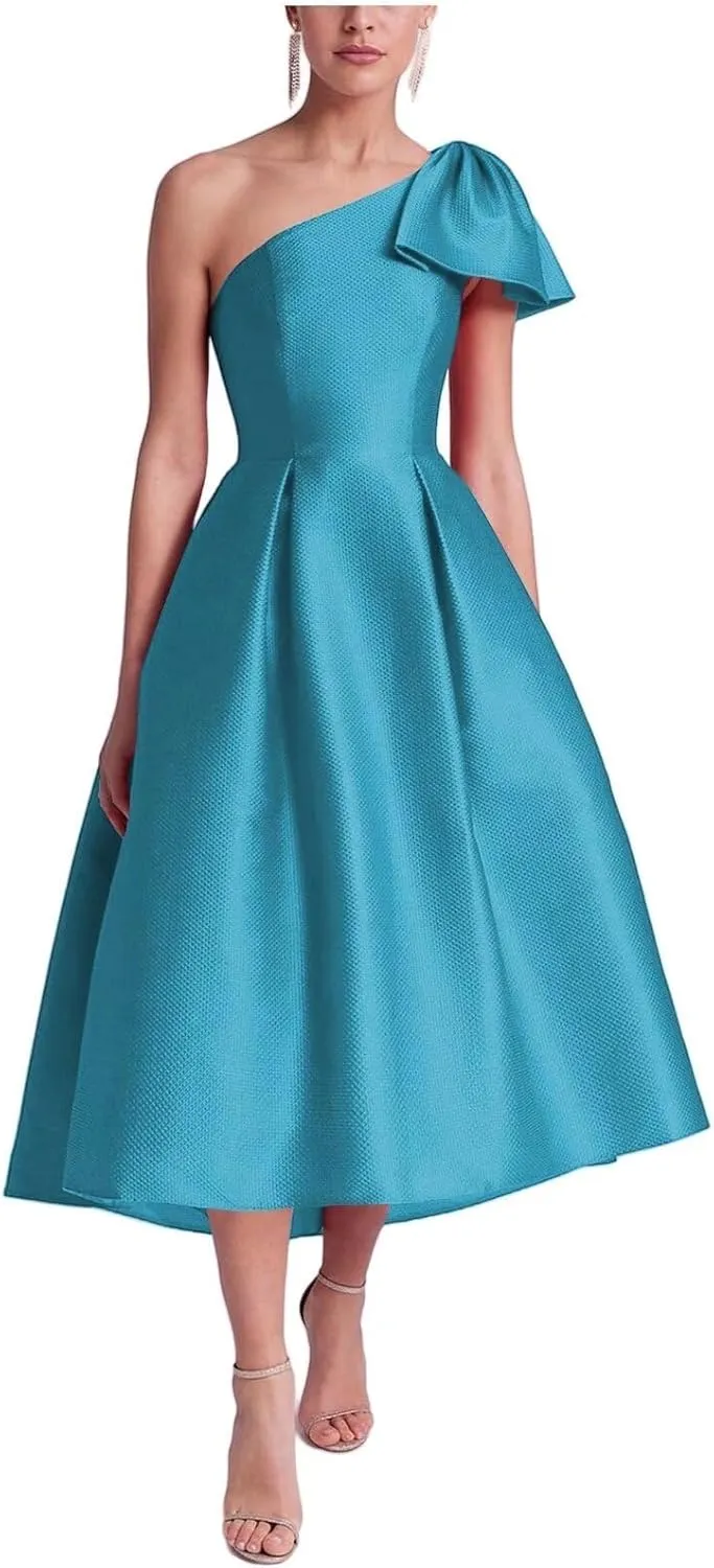 Bow One Shoulder Satin Mother of The Bride Dresses A Line Tea Length Mother of The Groom Formal Evening Dress