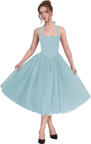 Bow Tea Length Prom Dresses for Women 2025 Satin Pleated Halter Cocktail Dress A Line Corset Formal Evening Party Gown