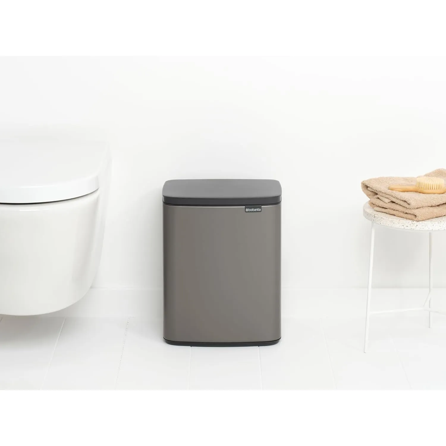 Brabantia Small Bo Trash Can 3.2 Gal - Easy Open, Soft Closing Lid, Hygienic, Space Efficient - for Bathroom, Home Office, Bedroom - Platinum - LWH 11.6 x 9.1 x 14.8