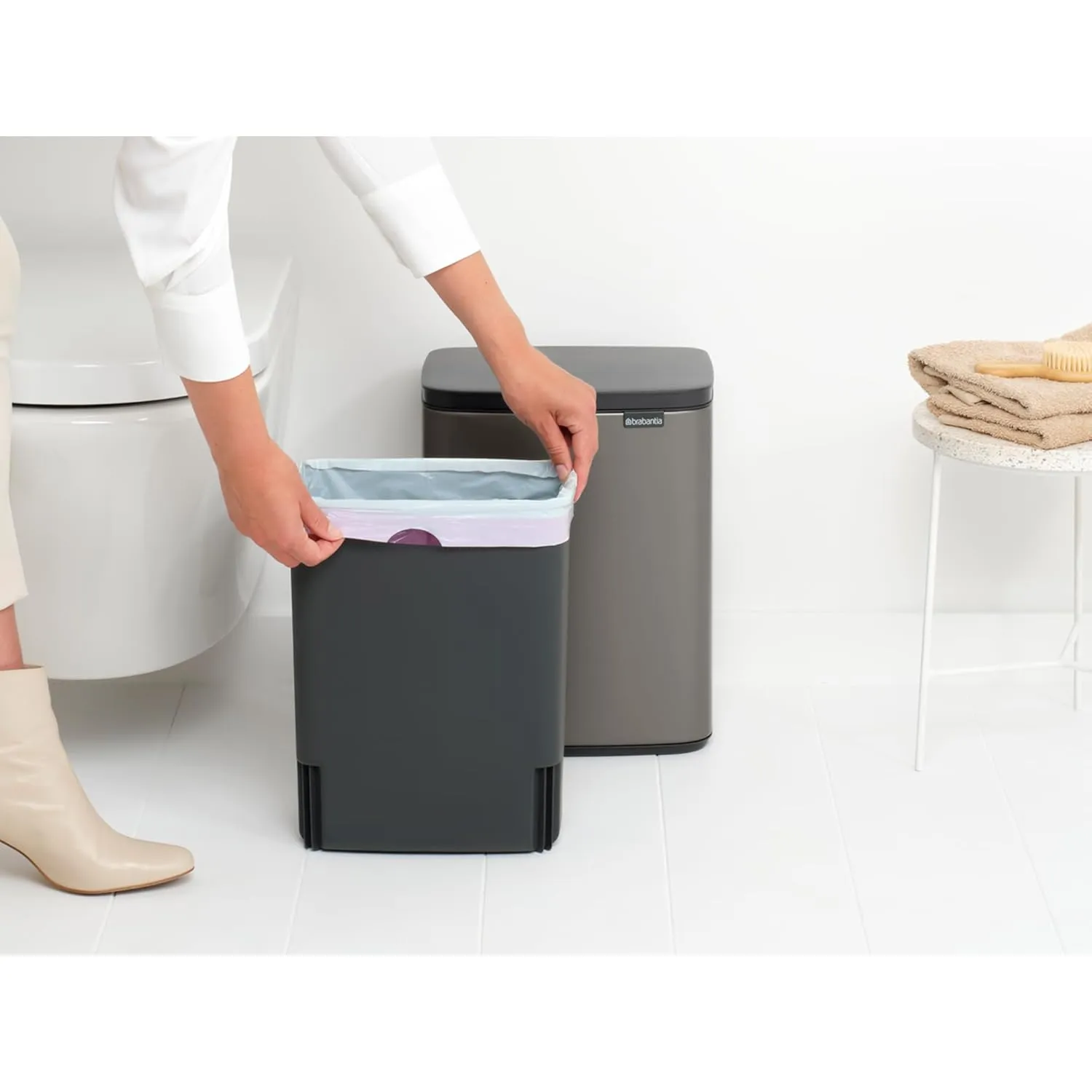 Brabantia Small Bo Trash Can 3.2 Gal - Easy Open, Soft Closing Lid, Hygienic, Space Efficient - for Bathroom, Home Office, Bedroom - Platinum - LWH 11.6 x 9.1 x 14.8