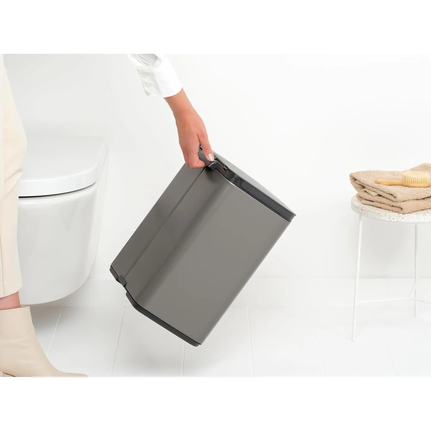 Brabantia Small Bo Trash Can 3.2 Gal - Easy Open, Soft Closing Lid, Hygienic, Space Efficient - for Bathroom, Home Office, Bedroom - Platinum - LWH 11.6 x 9.1 x 14.8