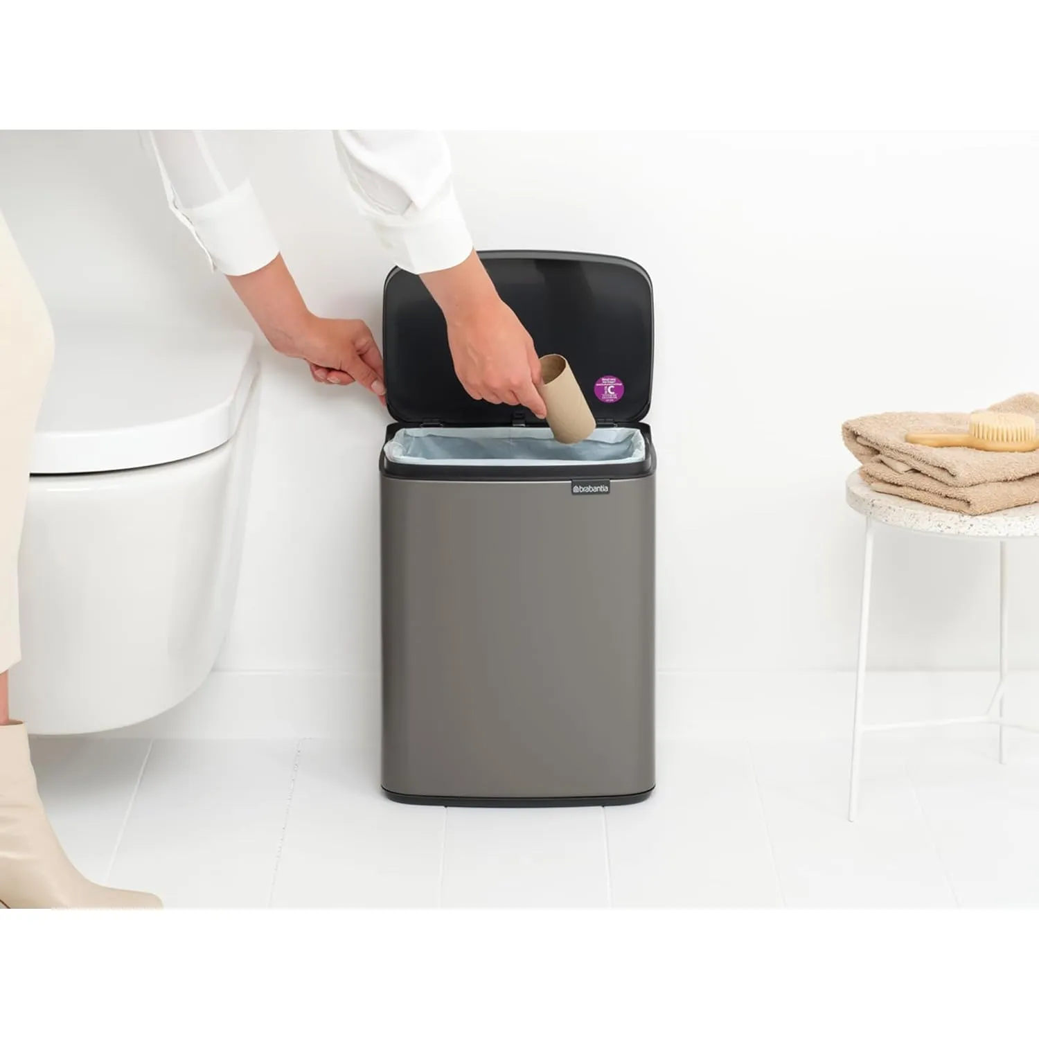 Brabantia Small Bo Trash Can 3.2 Gal - Easy Open, Soft Closing Lid, Hygienic, Space Efficient - for Bathroom, Home Office, Bedroom - Platinum - LWH 11.6 x 9.1 x 14.8