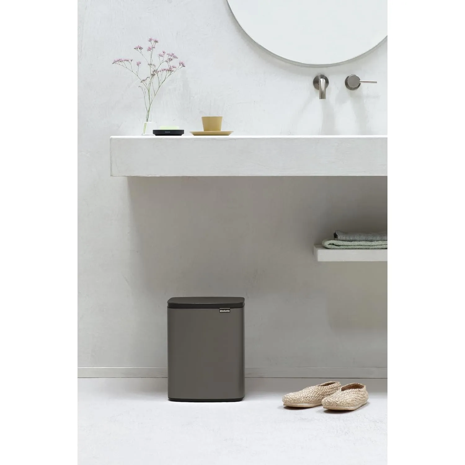 Brabantia Small Bo Trash Can 3.2 Gal - Easy Open, Soft Closing Lid, Hygienic, Space Efficient - for Bathroom, Home Office, Bedroom - Platinum - LWH 11.6 x 9.1 x 14.8