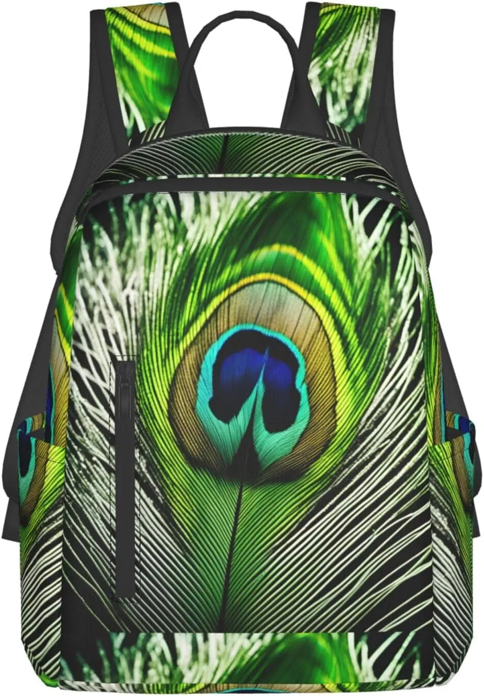 BREAUX Green Peacock Feather print Lightweight Backpack for Travel Casual Shoulder Bag Laptop Backpack Fit for Leisure Day