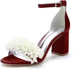 Bridal Shoes Open Toe Wedding High Heels Block Pumps Crystal Bride High Heels Sandals Evening Party Dress 8CM Bridesmaids Ankle Strap,Wine red,8