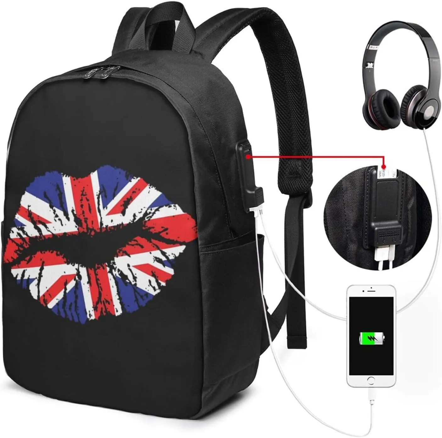 British England UK English Flag Lips Laptop Backpacks Travel Backpack Casual Business Daypack Sport Rucksack Computer Bag Fits up to 17 Inch Notebook with USB Port