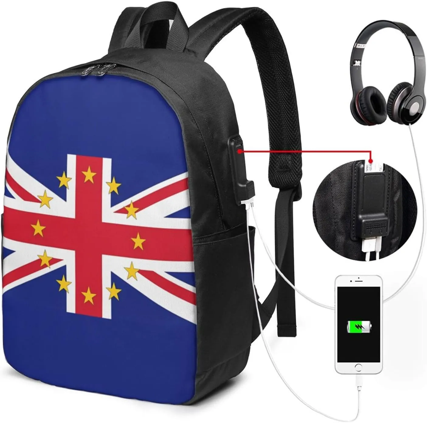 British England UK European Union Jack Flag Laptop Backpacks Travel Backpack Casual Business Daypack Sport Rucksack Computer Bag Fits up to 17 Inch Notebook with USB Port
