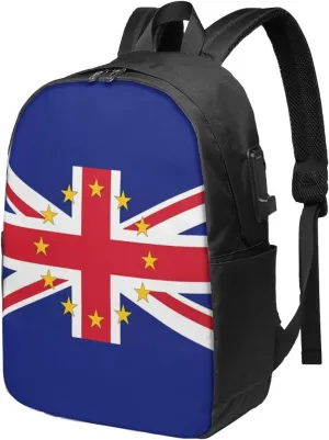 British England UK European Union Jack Flag Laptop Backpacks Travel Backpack Casual Business Daypack Sport Rucksack Computer Bag Fits up to 17 Inch Notebook with USB Port