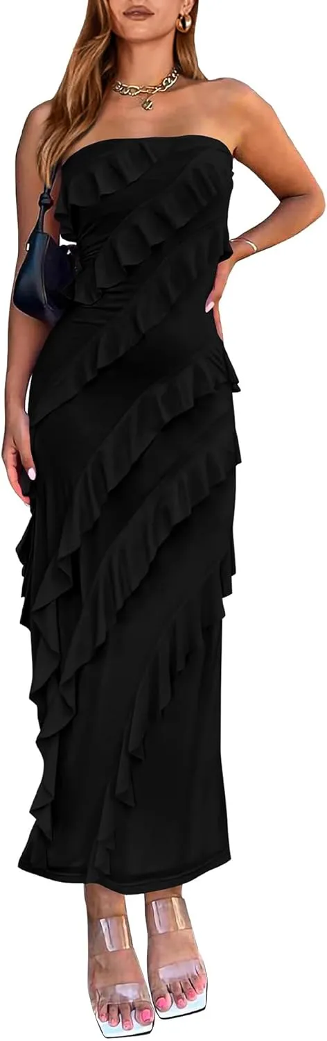 BTFBM Women Summer Elegant Strapless Midi Ruched Bodycon Dress Solid Color Stretch Mesh Slim Party Cocktail Dresses