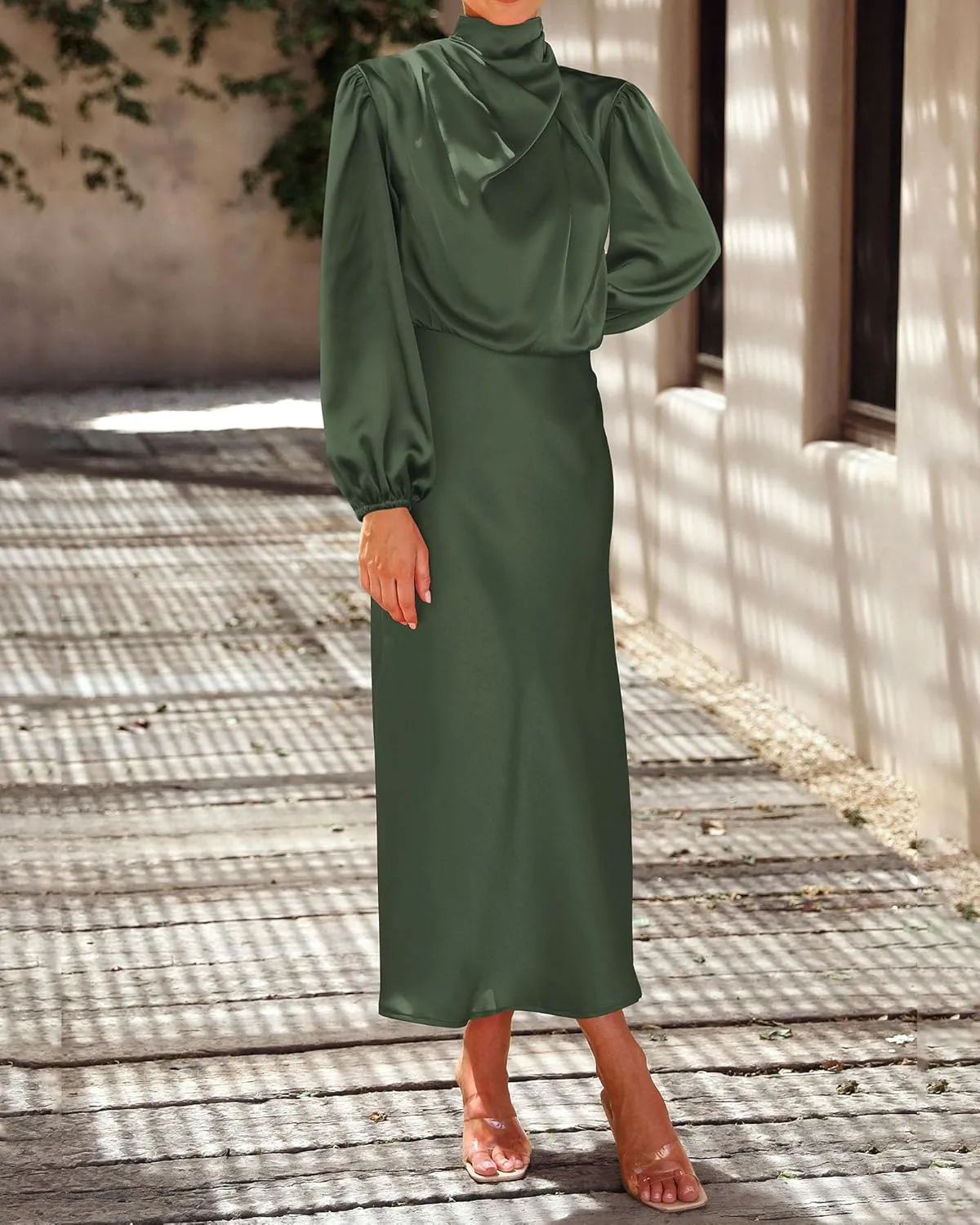 BTFBM Womens Mock Neck Satin Dress 2025 Summer Spring Long Sleeve High Waist Wedding Party Maxi Formal Cocktail Dresses