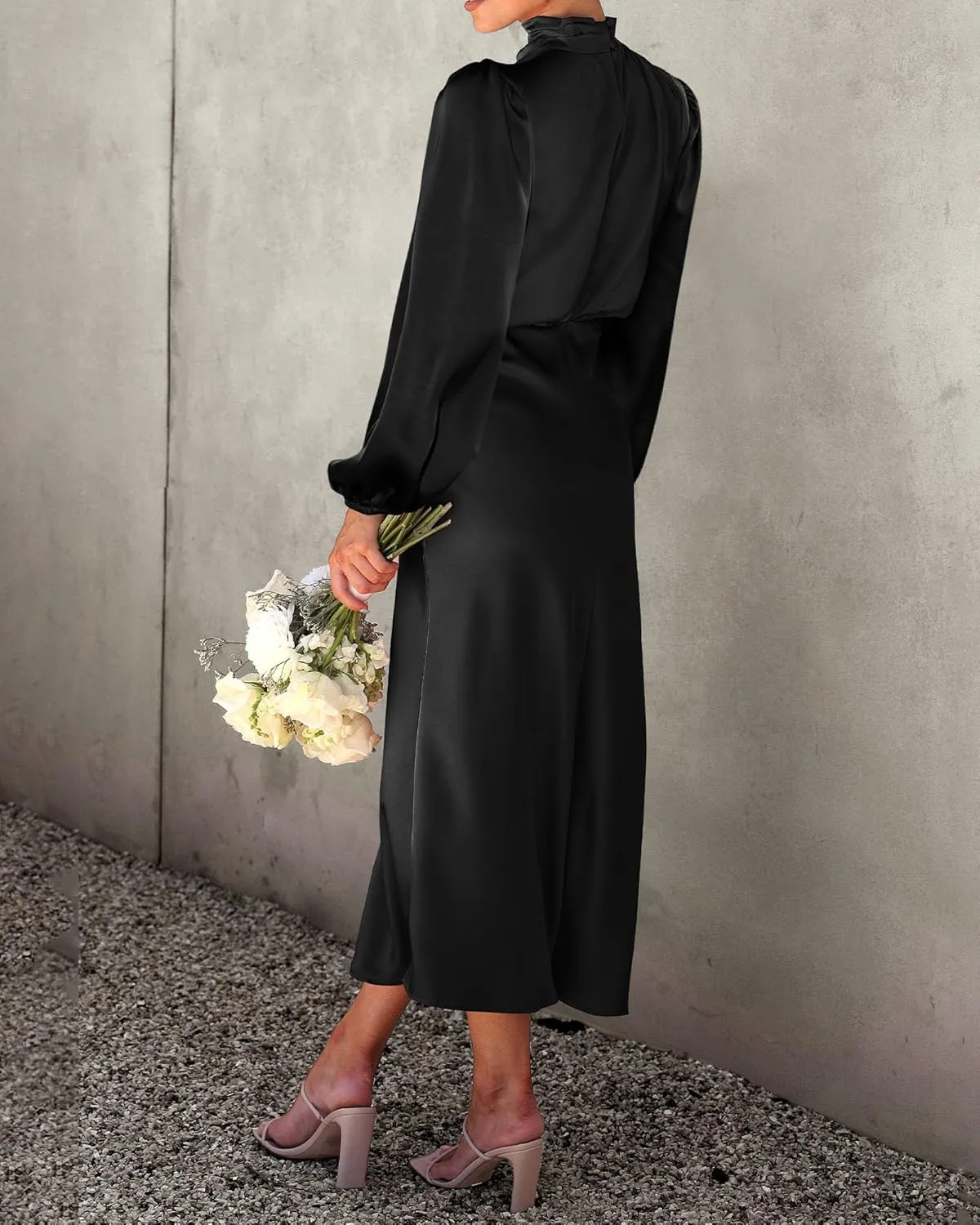 BTFBM Womens Mock Neck Satin Dress 2025 Summer Spring Long Sleeve High Waist Wedding Party Maxi Formal Cocktail Dresses