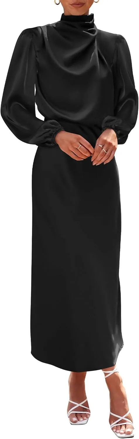 BTFBM Womens Mock Neck Satin Dress 2025 Summer Spring Long Sleeve High Waist Wedding Party Maxi Formal Cocktail Dresses