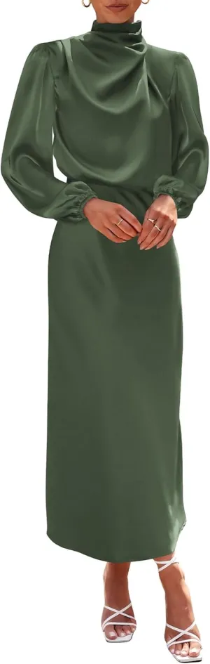BTFBM Womens Mock Neck Satin Dress 2025 Summer Spring Long Sleeve High Waist Wedding Party Maxi Formal Cocktail Dresses