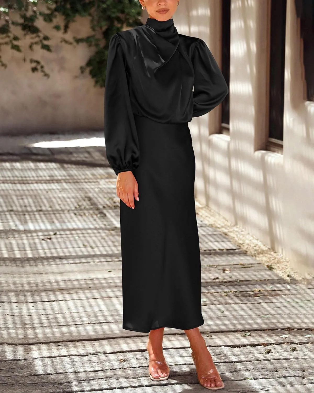 BTFBM Womens Mock Neck Satin Dress 2025 Summer Spring Long Sleeve High Waist Wedding Party Maxi Formal Cocktail Dresses