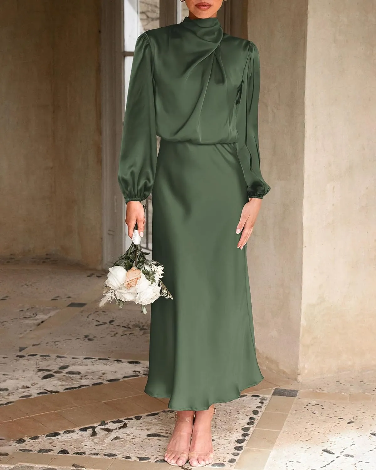 BTFBM Womens Mock Neck Satin Dress 2025 Summer Spring Long Sleeve High Waist Wedding Party Maxi Formal Cocktail Dresses