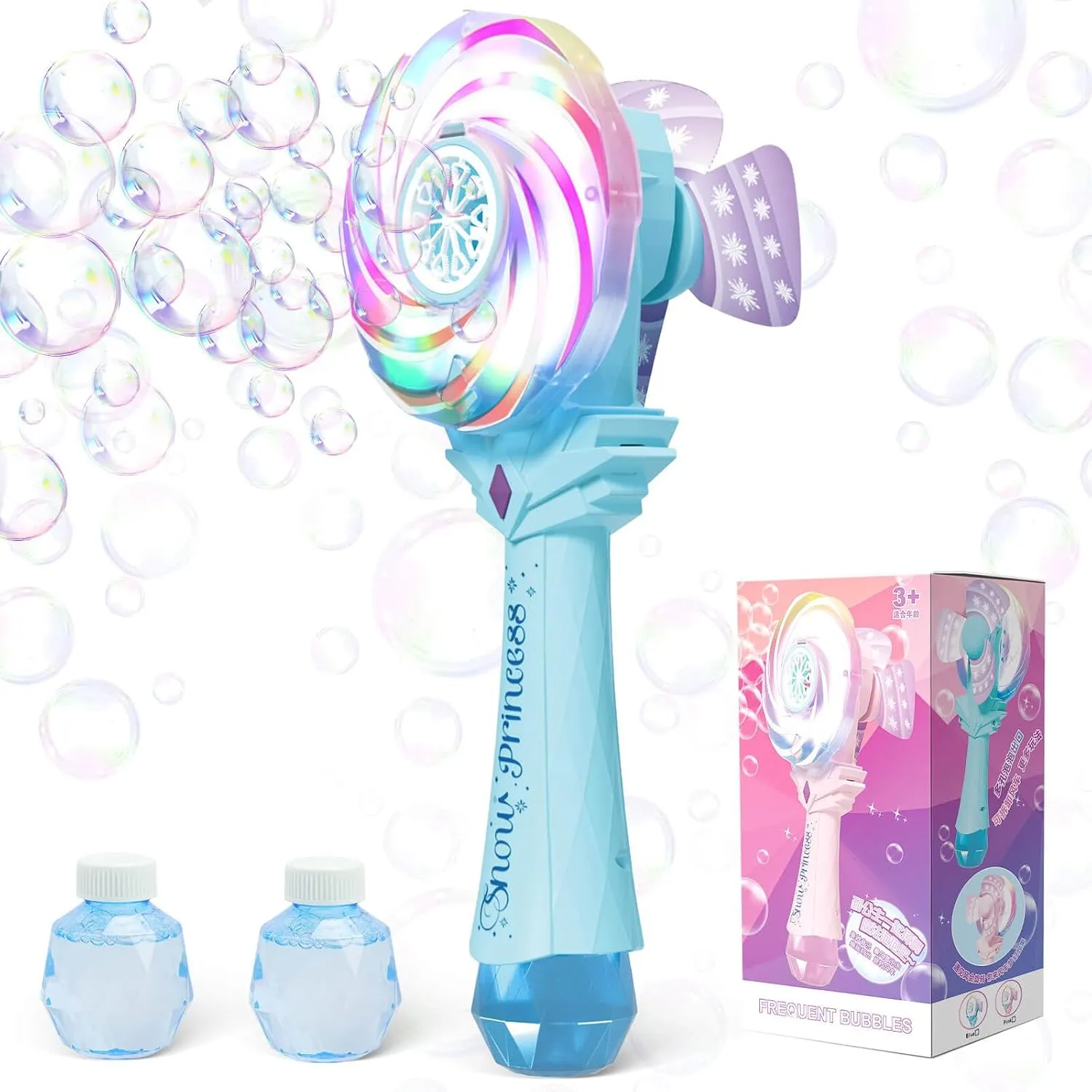 Bubble Wands for Kids Age 4-8: Windmill Light Up Automatic Bubble Machine Rechargeable with 2 Bubble Solution Outdoor Party Birthday Toys for Toddlers, Gift for 3 4 5 6 7 8 Year Old Girls Blue