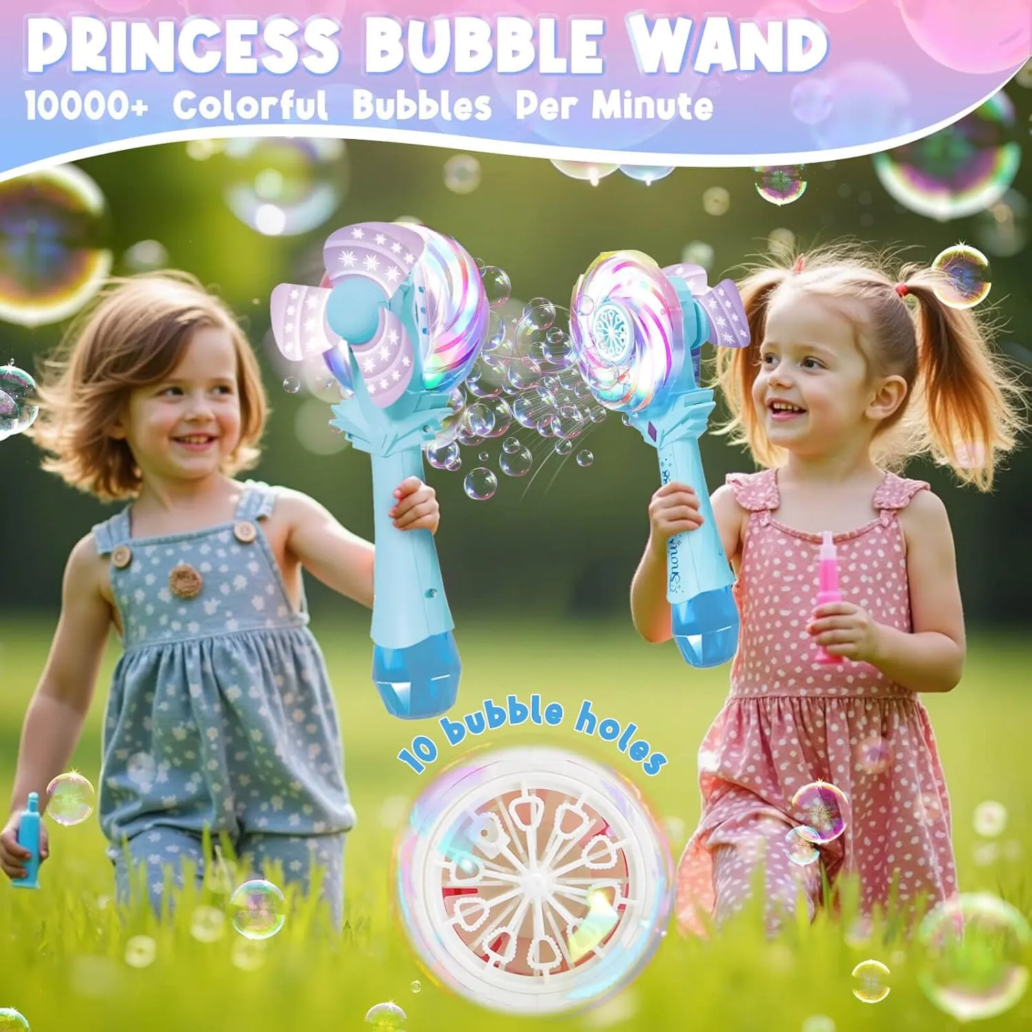 Bubble Wands for Kids Age 4-8: Windmill Light Up Automatic Bubble Machine Rechargeable with 2 Bubble Solution Outdoor Party Birthday Toys for Toddlers, Gift for 3 4 5 6 7 8 Year Old Girls Blue