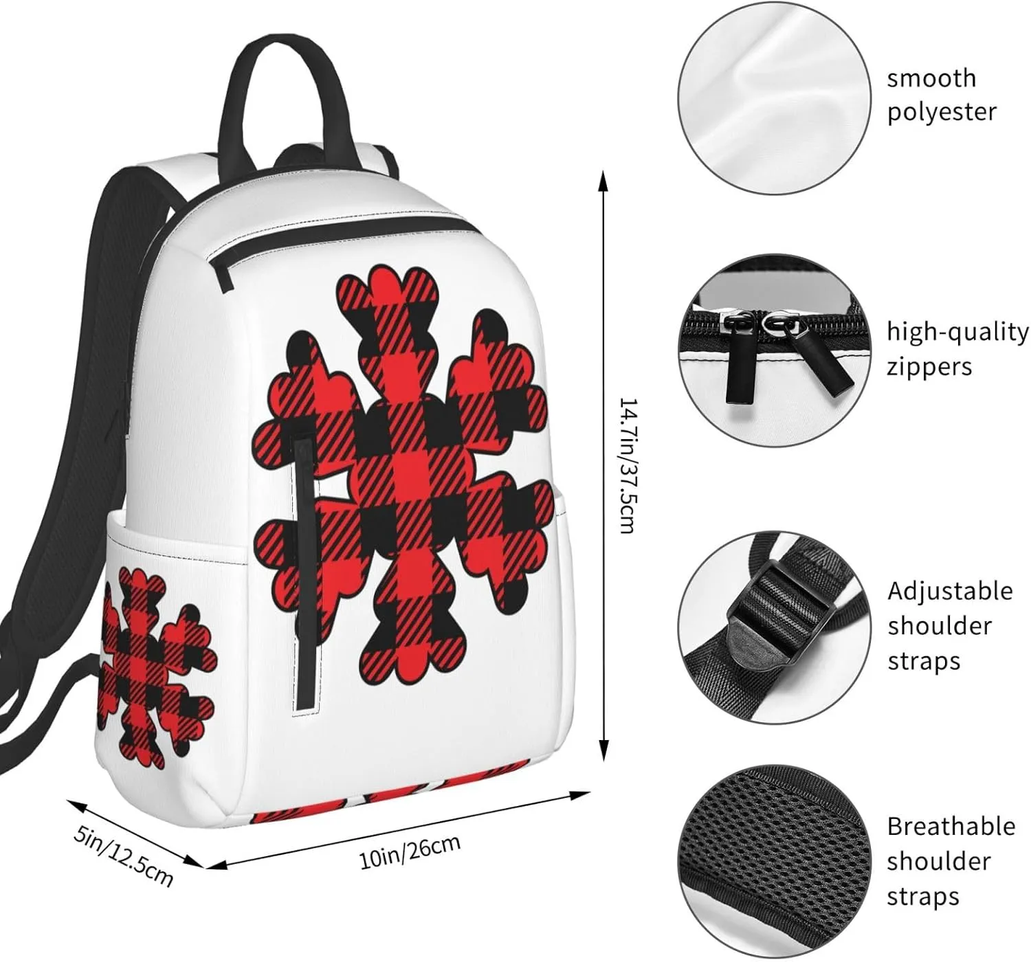 Buffalo Plaid Snowflake Casual Backpacks Large Capacity Laptop Backpack Sports Rucksack Travel Daypack Adjustable Shoulder Strap Work Bag for Outdoor Camping