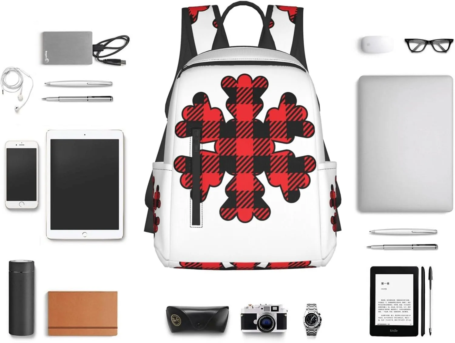 Buffalo Plaid Snowflake Casual Backpacks Large Capacity Laptop Backpack Sports Rucksack Travel Daypack Adjustable Shoulder Strap Work Bag for Outdoor Camping