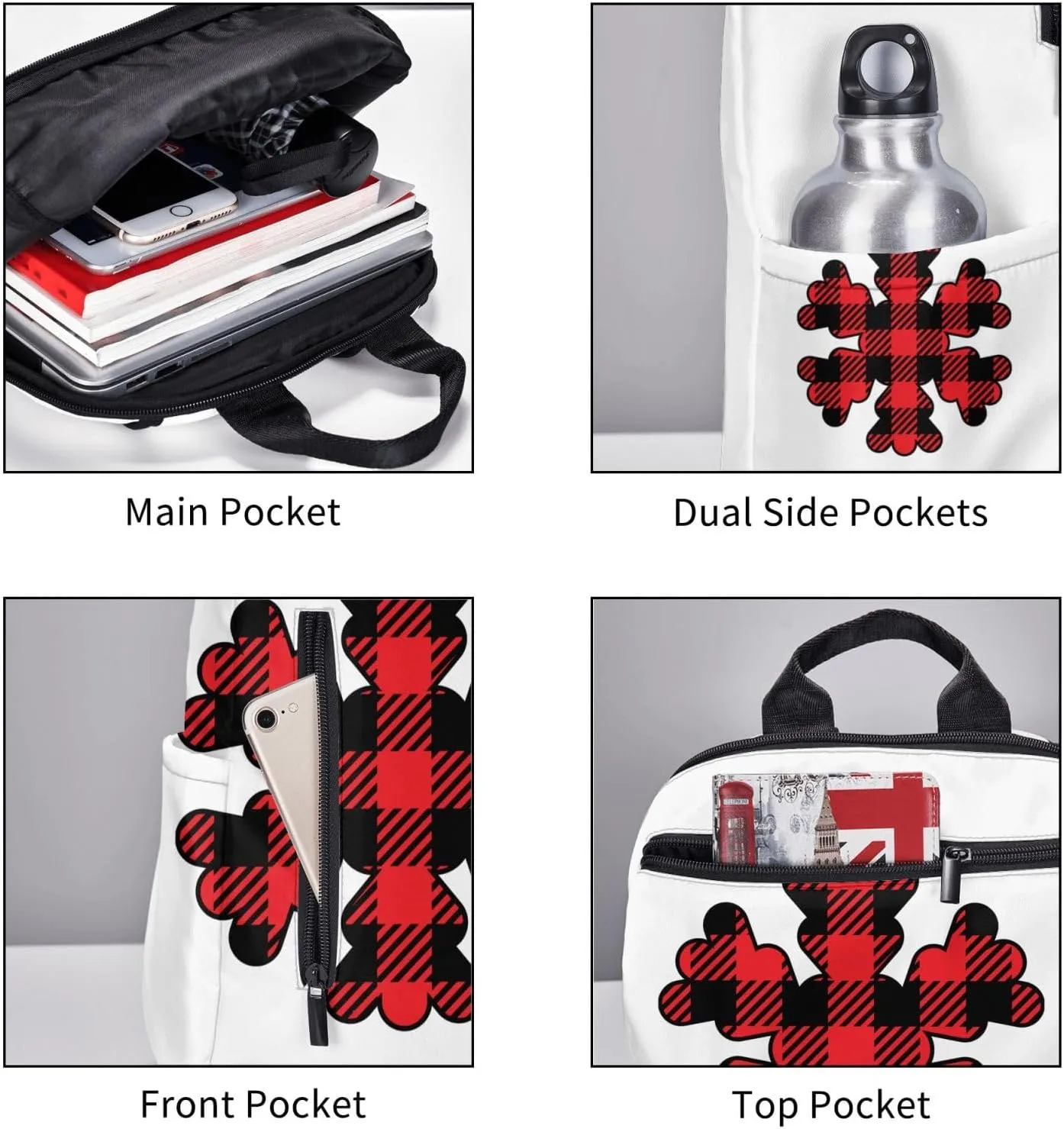 Buffalo Plaid Snowflake Casual Backpacks Large Capacity Laptop Backpack Sports Rucksack Travel Daypack Adjustable Shoulder Strap Work Bag for Outdoor Camping
