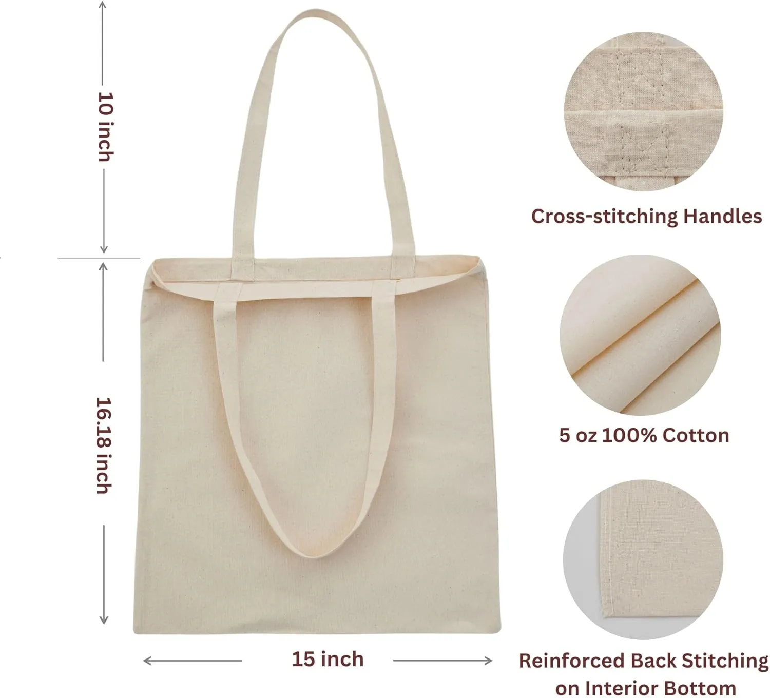 Bulk 2 | 6 | 12 Pack Canvas Cotton Tote Bags 15x16 Reusable Blank Grocery Totes for DIY, Painting, Printing, Crafts
