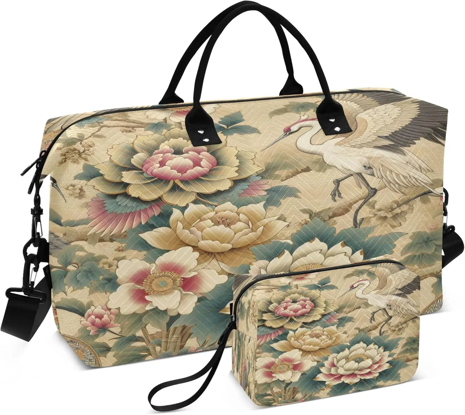 Burbuja Travel Duffel Bag for Women, Japanese Cranes Weekender Overnight Bag Shoulder Carry On Tote Bag with Trolley Sleeve, Gym Bag with Toiletry Bag