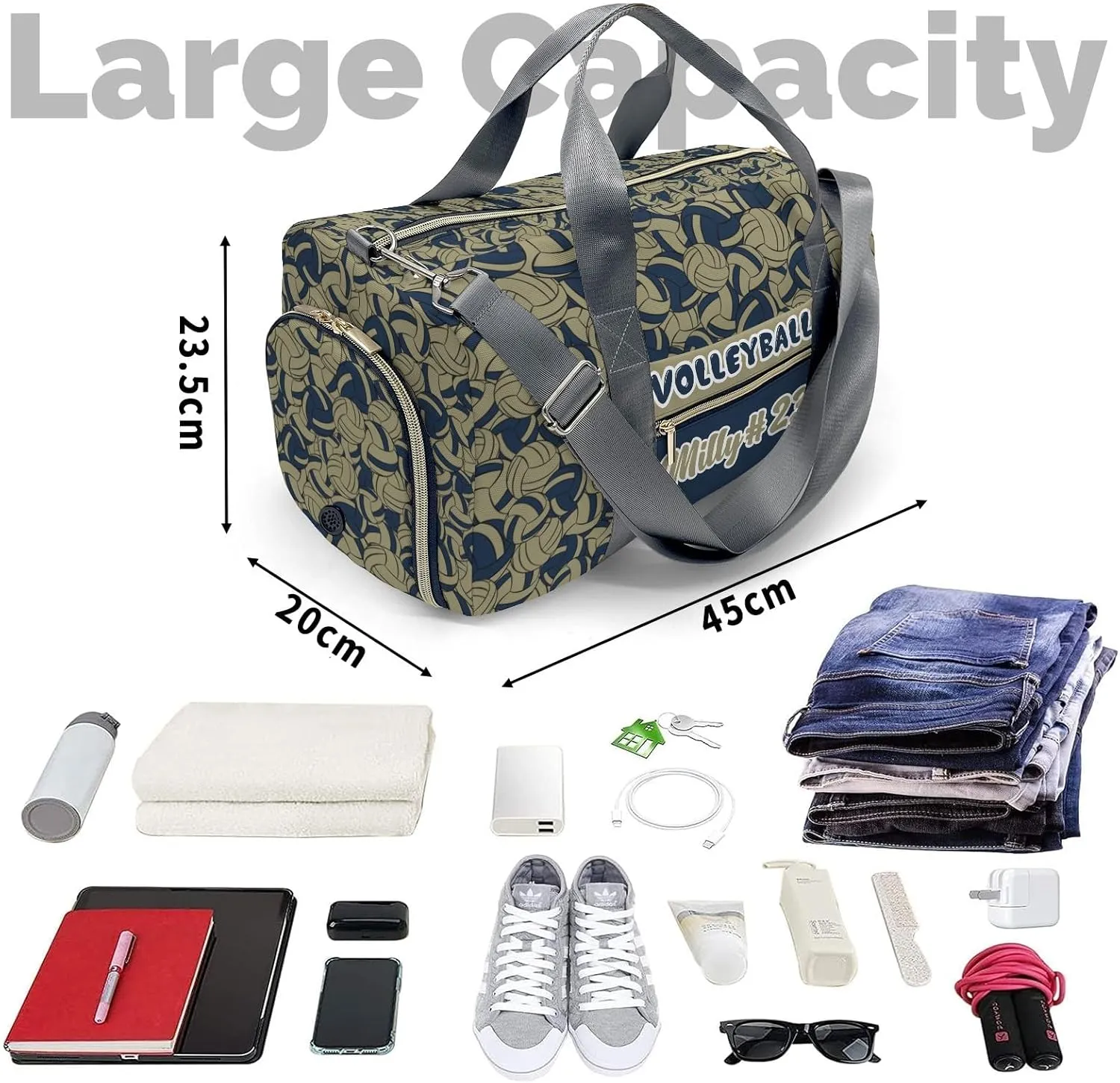 Camouflage Navy Volleyball Pattern Waterproof Duffel Bag Adjustable Shoulder Strap Perform Training Travel Bag for Teens Adults Women Men