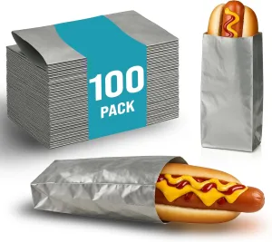 C&S Event Supply Co. Silver Foil Hot Dog Sleeves - 9'' Unprinted Hot Dog Wrappers - Grease Resistance Food Bags to Keep Food Hot and Non-Messy - Disposable Hot Bags for Fast Food and Food Truck (100)