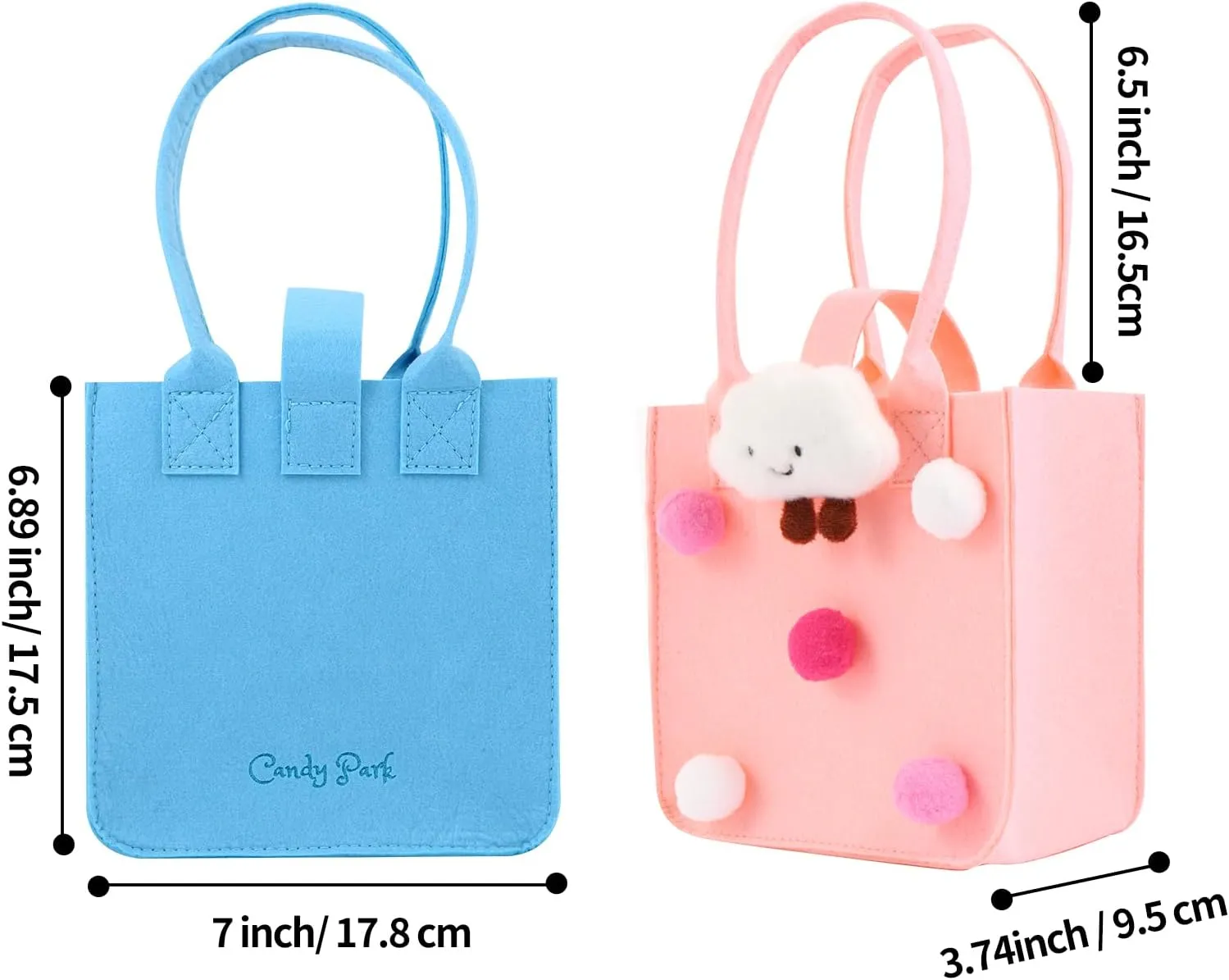Candy Park Felt Gift Bags with Top Handles Reusable Goodie Bags - 7x7 in Premium Small Tote Bag Snap Button Closure - Party Favors, Kids Birthday, Baby Shower, Personalized Gifts