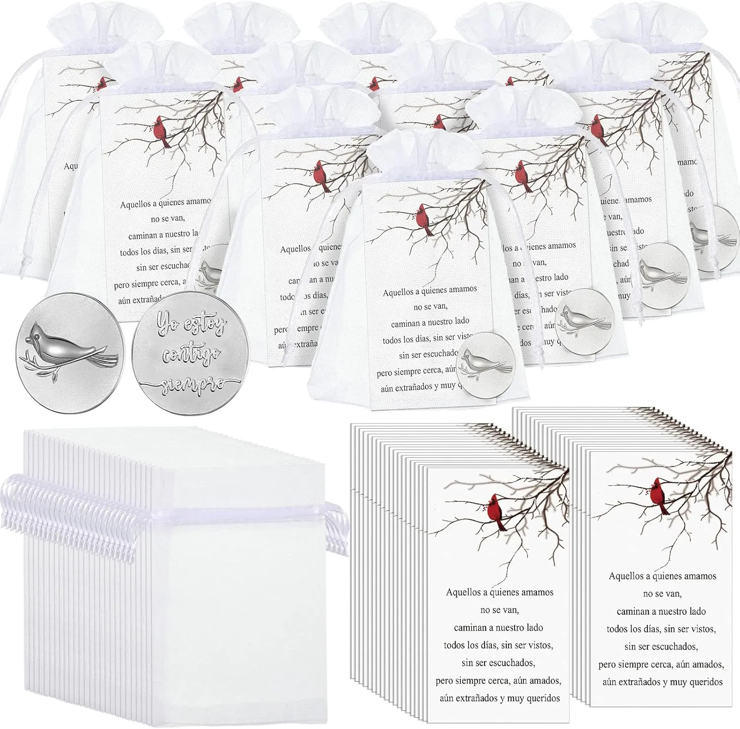 Cardinal Memorial Angel Sign Coins Set Include Cardinal Funeral Pocket Token Cardinal Sign Poem Cards and White Organza Bags for Angel Charms Wedding Funeral Memory Presents Family (Novel,150 Pcs)