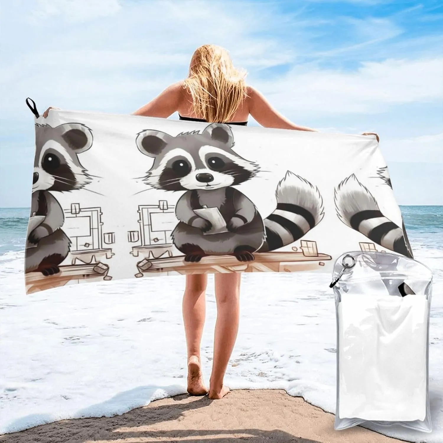 Cartoon Cute Raccoon Premium Compact Microfiber Travel Towel-Featherlight & Quick Dry,Sand-Resistant Beach Towel for Swimming,Camping,Vacation Essentials with Carry Pouch