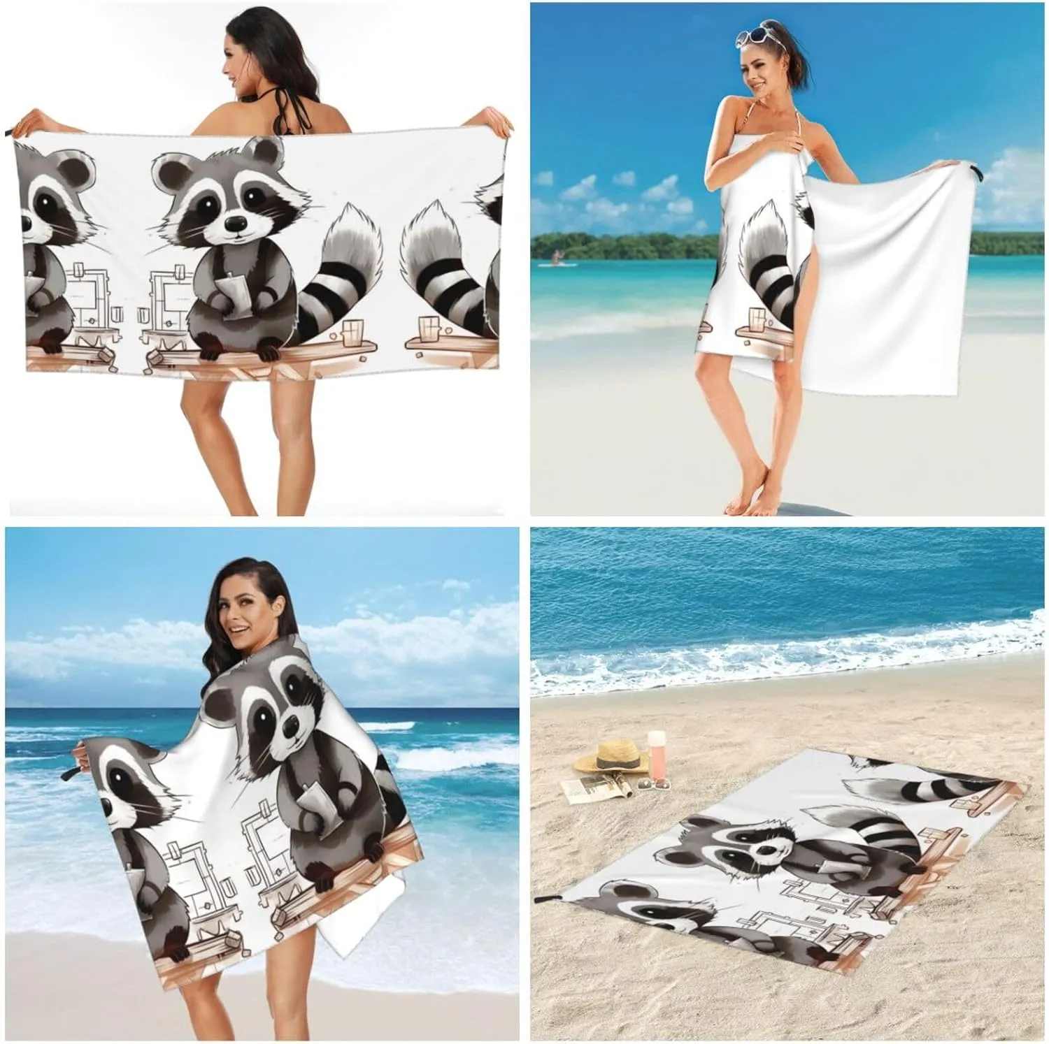 Cartoon Cute Raccoon Premium Compact Microfiber Travel Towel-Featherlight & Quick Dry,Sand-Resistant Beach Towel for Swimming,Camping,Vacation Essentials with Carry Pouch