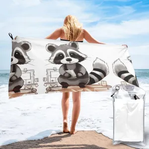 Cartoon Cute Raccoon Premium Compact Microfiber Travel Towel-Featherlight & Quick Dry,Sand-Resistant Beach Towel for Swimming,Camping,Vacation Essentials with Carry Pouch