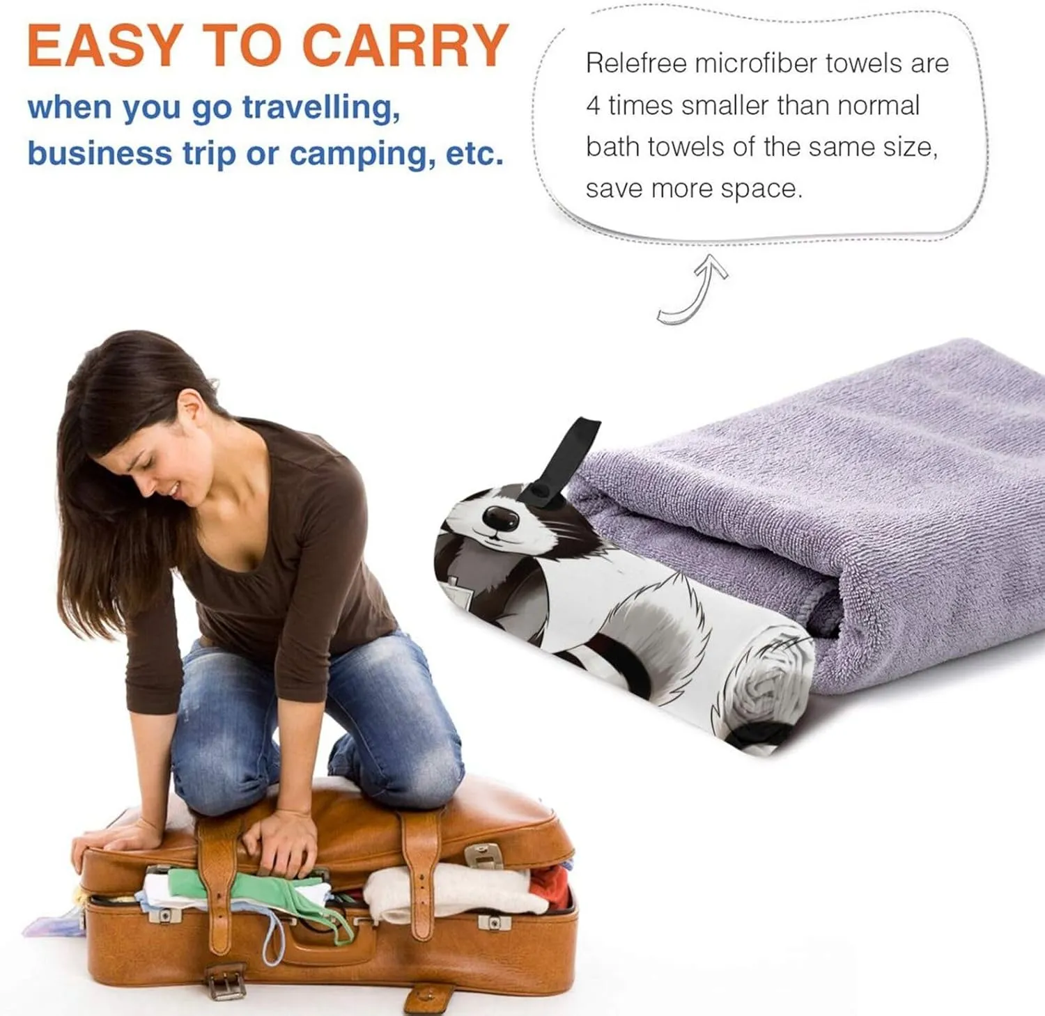 Cartoon Cute Raccoon Premium Compact Microfiber Travel Towel-Featherlight & Quick Dry,Sand-Resistant Beach Towel for Swimming,Camping,Vacation Essentials with Carry Pouch
