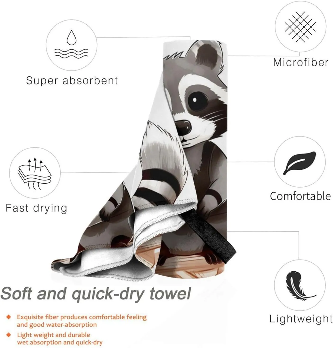 Cartoon Cute Raccoon Premium Compact Microfiber Travel Towel-Featherlight & Quick Dry,Sand-Resistant Beach Towel for Swimming,Camping,Vacation Essentials with Carry Pouch