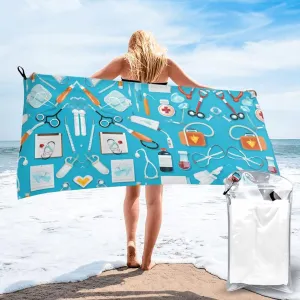 Cartoon Medicine Pattern Premium Compact Microfiber Travel Towel-Featherlight & Quick Dry,Sand-Resistant Beach Towel for Swimming,Camping,Vacation Essentials with Carry Pouch