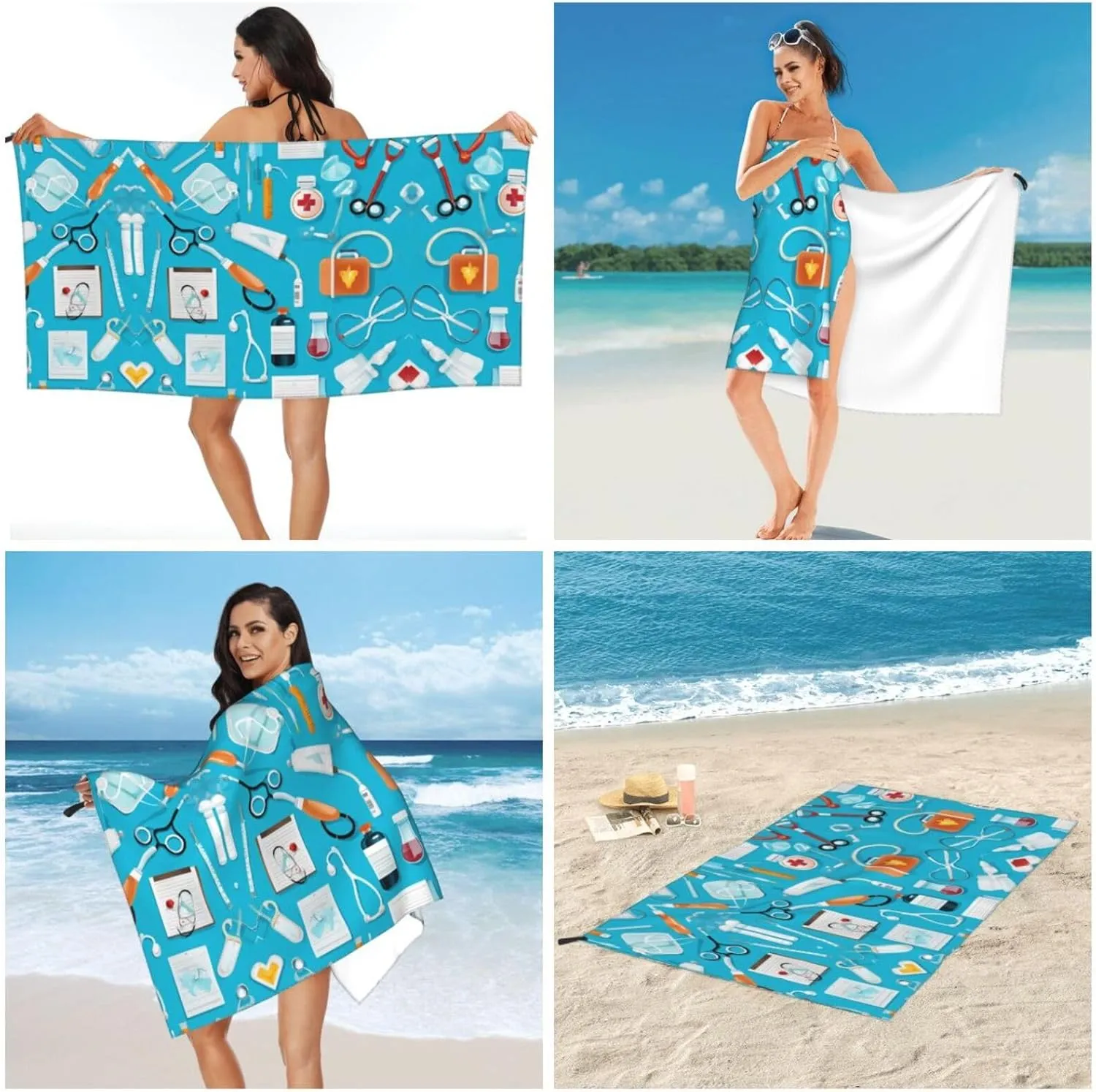 Cartoon Medicine Pattern Premium Compact Microfiber Travel Towel-Featherlight & Quick Dry,Sand-Resistant Beach Towel for Swimming,Camping,Vacation Essentials with Carry Pouch
